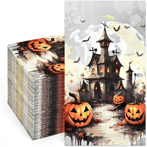 Homlouue 100PCS Halloween Napkins, Halloween Castle Pumpkins Paper Napkins, 3-Ply Halloween Napkins Disposable, Halloween Party Napkins, Halloween Hand Towels for Bathroom Guest Dinner Tea