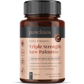 pureclinica High Potency Saw Palmetto 3200mg x 90 Tablets - 3 Months Supply - 95% Fatty Acids - up to 10 x Stronger