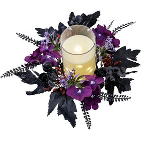 Halloween Candle Rings Purple Flower Wreath Artificial Black Leaf Candle Holder 11" for Halloween Centerpieces Fall Home Garland Farmhouse Party Tables Decor