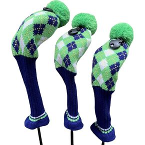 3pcs Knit Golf Headcovers Club Head Covers for Men Golf Driver 3 5 Fairway Woods Covers, Pom Pom Golf Wood Headcovers Covers for 1 3 5 Woods Green and Blue