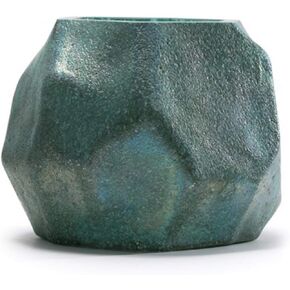 5" Art Glass Glisten + Glass Votive Candle Holder Geometric Patina Copper