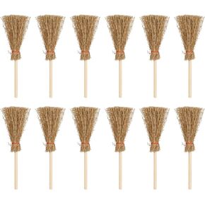 SEWACC 12pcs Mini Broom Decoration Miniature Artificial Straw Brooms Hanging Ornament Halloween Straw Craft Decor Witches Broom for Cosplay Party