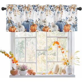 Fall Blue Pumpkins Valances for Windows, Orange Grey Farmhouse Short Window Curtain Valances, Botanical Thanksgiving Fall Rod Pocket Kitchen Valances for Living Room Bedroom Bathroom 60"x18"