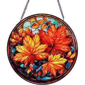 Autumn Stained Glass Window Hanging, 8''/20CM Maple Leaves Suncatchers for Windows Autumn Decorative Hanging Ornaments Stained Glass Window Panel Gift for Thanksgiving Chirstmas Fall Decorations (D)