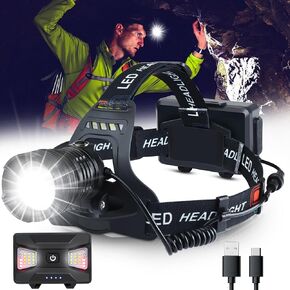Headlamp Rechargeable, 120000 Lumen Bright Headlamp, 60H Long Battery Life, 3 Modes & Sensor, Zoomable, Battery Powered Headlamps, Power Display, Waterproof Head Lamp for Camping, Hunting