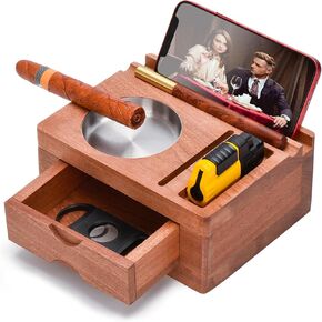 Cigar Ashtray, Square Wooden Cigar Ashtrays with Cigar Cutter Cigar Draw Lighter Slots,Accessories Drawer, Phone Tablet Holder, Cigar Holder, Cigar Accessories Gift for Men,Vintage Brown