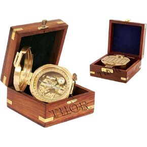 Brass Natural Sine Compass with Wood Box Magnetic Direction Hiking Maritime Nautical Gift Rustic Vintage Home Decor Gifts