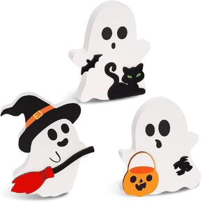 3 PCS Halloween Decor Cute White Ghost Table Decor, Cute Halloween Decorations Indoor, Wooden Tiered Tray Decor Table Sign for Halloween Party Home Kitchen Shelf Party Supplies