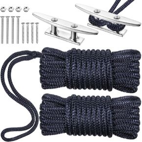 4 Pcs Boat Dock Cleats and Boat Rope Accessories, 2 Pcs 4 Inch 316 Stainless Steel Boat Cleat Open Base 2 Pcs 3/8 Inch x 15ft Double Braided Nylon Boat Dock Lines with Installation Screws