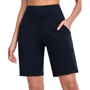 Oalka Women's High Waisted Shorts Yoga Workout Bermuda Long Hiking Shorts with Pockets 10" Shorts Black S
