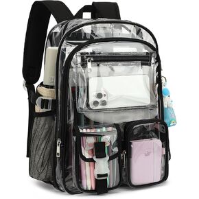 Clear Backpack Heavy Duty Transparent Backpacks Stadium Approved for School Work Sport Travel (Black)