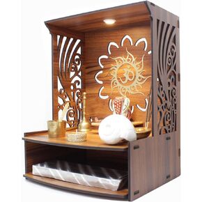 Heartily® Laabh Beautiful Wooden Pooja Stand for Home Pooja Mandir for Home Temple for Home and Office Puja Mandir for Home Wall Mounted with LED Spot Light Size (H- 15.5, L- 11.5, W-11 in)