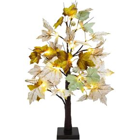 Uieke 2 Packs 24inch Lighted Artificial Fall Maple Tree 48 LED Tabletop Fall Tree with 12 Pine Cones Lights Battery Operated with Timer, Fall Decorations for Home Thanksgiving Halloween Fall Decor