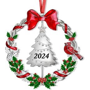 Christmas Ornament 2024 for Christmas Tree Decorations，Dated 2024 Christmas Wreath Ornament with Rotatable Tree for Holiday Decorative Keepsake Gift(Metal,1 Pack)