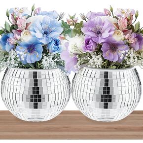 2 Pcs Disco Ball Vase,Mirrored Disco Ball Planter,Disco Ball Candle Holders Perfect Disco Decorative Planters for Living Room Bedroom Dining Table Wedding Party Birthday and Other Scenes