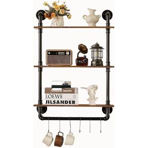 Industrial Retro Wall Mounted Metal Pipes Floating Shelves - Hung Bracket - DIY Storage Shelving Bookshelf with Towel Bar - Wood Bathroom Shelf – 3 Tiers