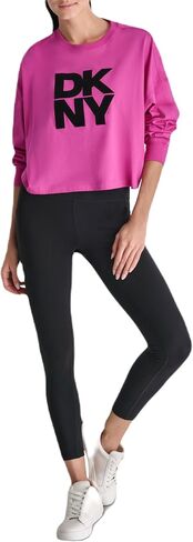 DKNY womens Long Sleeve Stacked Flocked Logo Crew Neck Dropped Shoulder T-shirt in Saudi Arabia