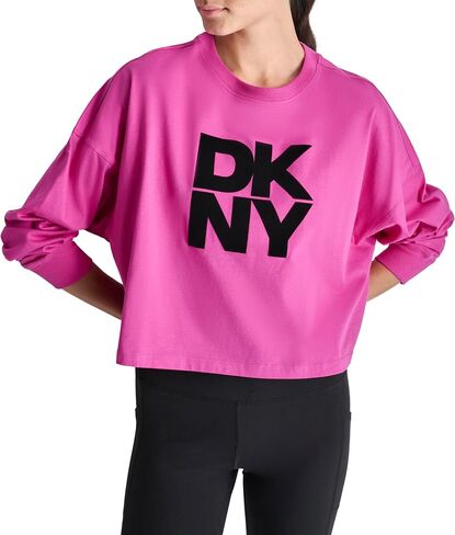 DKNY womens Long Sleeve Stacked Flocked Logo Crew Neck Dropped Shoulder T-shirt in Saudi Arabia