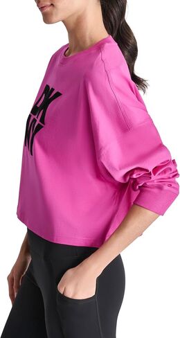 DKNY womens Long Sleeve Stacked Flocked Logo Crew Neck Dropped Shoulder T-shirt in Saudi Arabia