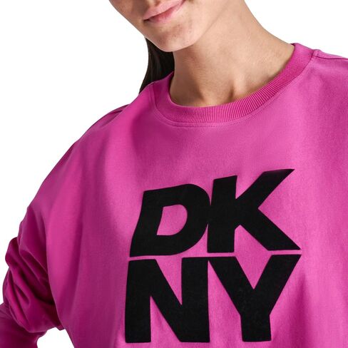DKNY womens Long Sleeve Stacked Flocked Logo Crew Neck Dropped Shoulder T-shirt in Saudi Arabia