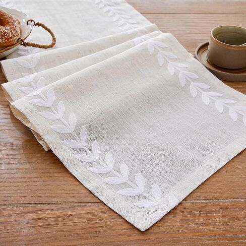 Wracra Embroidered Table Runner Irregular Willow Leaf Table Runners 72 Inches Long for Dresser Home Dining Table Decor,14 x 72 Inch, White in Saudi Arabia