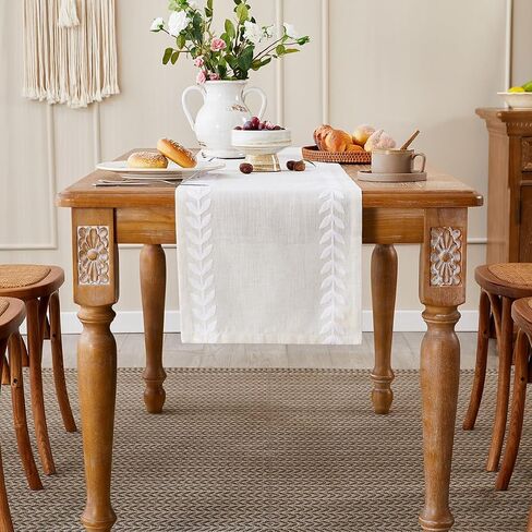 Wracra Embroidered Table Runner Irregular Willow Leaf Table Runners 72 Inches Long for Dresser Home Dining Table Decor,14 x 72 Inch, White in Saudi Arabia