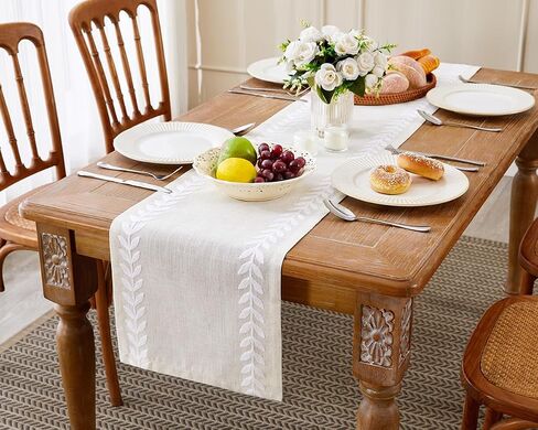 Wracra Embroidered Table Runner Irregular Willow Leaf Table Runners 72 Inches Long for Dresser Home Dining Table Decor,14 x 72 Inch, White in Saudi Arabia