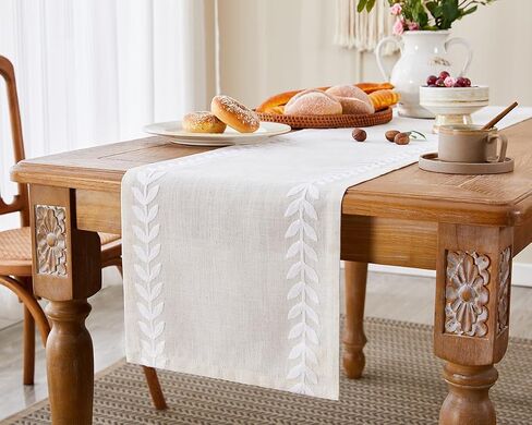 Wracra Embroidered Table Runner Irregular Willow Leaf Table Runners 72 Inches Long for Dresser Home Dining Table Decor,14 x 72 Inch, White in Saudi Arabia