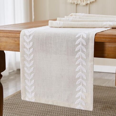Wracra Embroidered Table Runner Irregular Willow Leaf Table Runners 72 Inches Long for Dresser Home Dining Table Decor,14 x 72 Inch, White in Saudi Arabia