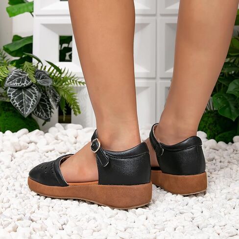 GATUXUS Women's Low Wedge Ankle Strap Buckle Flats Shoes Closed Toe Roman Cage Cusual Flat Sandals in Kuwait