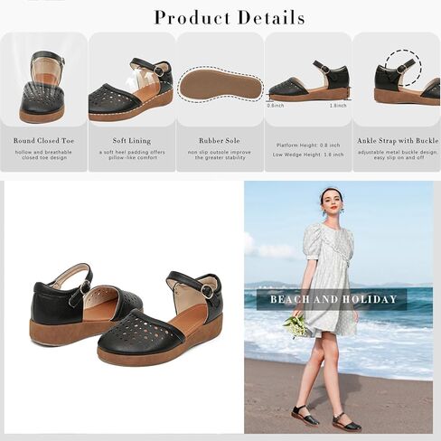 GATUXUS Women's Low Wedge Ankle Strap Buckle Flats Shoes Closed Toe Roman Cage Cusual Flat Sandals in Kuwait