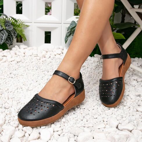 GATUXUS Women's Low Wedge Ankle Strap Buckle Flats Shoes Closed Toe Roman Cage Cusual Flat Sandals in Kuwait