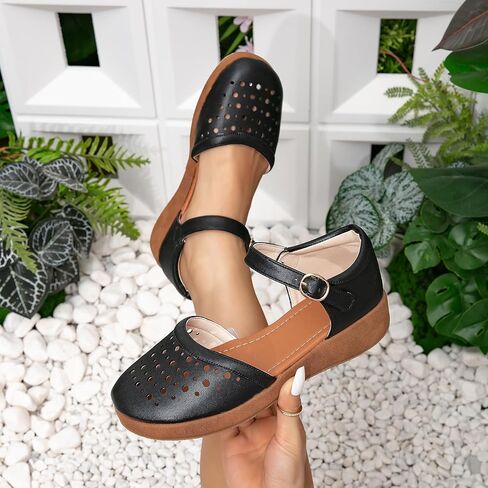 GATUXUS Women's Low Wedge Ankle Strap Buckle Flats Shoes Closed Toe Roman Cage Cusual Flat Sandals in Kuwait