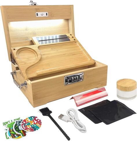 Giftidea Large Bamboo Storage Box with Combination Lock - Decorative Wooden Box with LED Light - Wooden Lock Box Set with Tray Jar Accessories - Pink in Kuwait