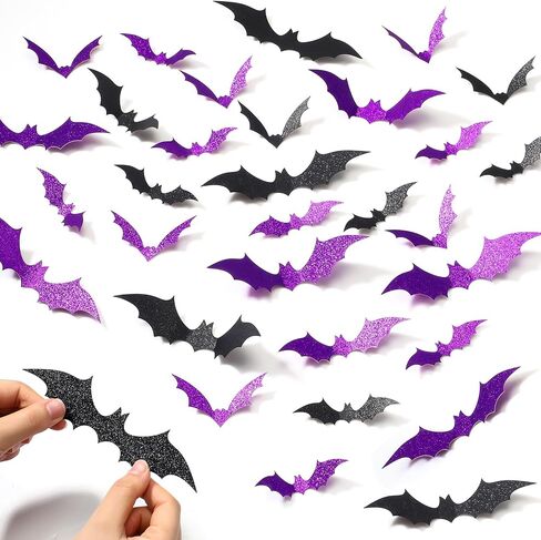 Cholemy 144 Pcs Halloween Bats Decoration 3D Glitter Hanging Bats Sticker 4 Different Sizes with Adhesive Dots Black and Purple Bat Stickers for Wall Door Patio Indoor Cute Halloween Party Decor in Saudi Arabia