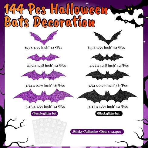 Cholemy 144 Pcs Halloween Bats Decoration 3D Glitter Hanging Bats Sticker 4 Different Sizes with Adhesive Dots Black and Purple Bat Stickers for Wall Door Patio Indoor Cute Halloween Party Decor in Saudi Arabia