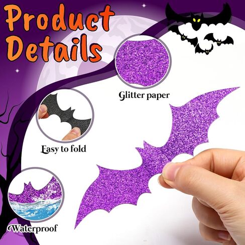 Cholemy 144 Pcs Halloween Bats Decoration 3D Glitter Hanging Bats Sticker 4 Different Sizes with Adhesive Dots Black and Purple Bat Stickers for Wall Door Patio Indoor Cute Halloween Party Decor in Saudi Arabia