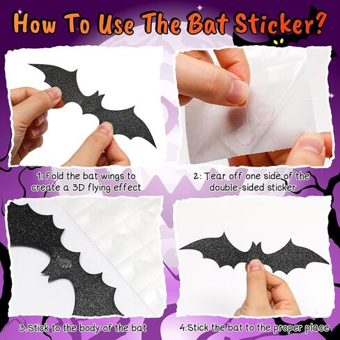 Cholemy 144 Pcs Halloween Bats Decoration 3D Glitter Hanging Bats Sticker 4 Different Sizes with Adhesive Dots Black and Purple Bat Stickers for Wall Door Patio Indoor Cute Halloween Party Decor in Saudi Arabia