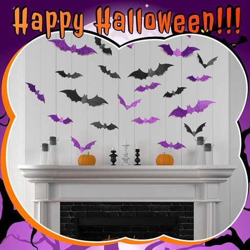 Cholemy 144 Pcs Halloween Bats Decoration 3D Glitter Hanging Bats Sticker 4 Different Sizes with Adhesive Dots Black and Purple Bat Stickers for Wall Door Patio Indoor Cute Halloween Party Decor in Saudi Arabia