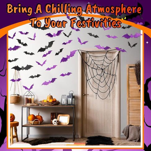 Cholemy 144 Pcs Halloween Bats Decoration 3D Glitter Hanging Bats Sticker 4 Different Sizes with Adhesive Dots Black and Purple Bat Stickers for Wall Door Patio Indoor Cute Halloween Party Decor in Saudi Arabia