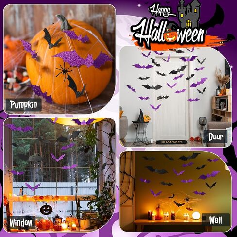 Cholemy 144 Pcs Halloween Bats Decoration 3D Glitter Hanging Bats Sticker 4 Different Sizes with Adhesive Dots Black and Purple Bat Stickers for Wall Door Patio Indoor Cute Halloween Party Decor in Saudi Arabia
