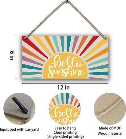 Vintage Boho Orange Sun Sunrise Colorful Sunshine Sunray Printed Wood Plaque Sign Wall Hanging,Modern Mid Century Hanging Wall Signs for Bohemian Home Room Dorm Decor 12 x 6 Inches in Saudi Arabia