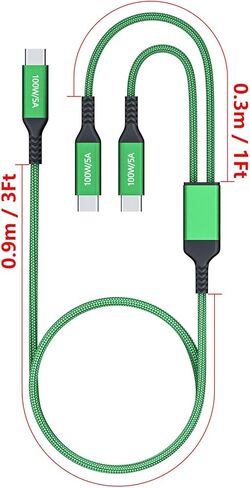 كابل 100 واط 2 في 1 USB-C بطول 4 أقدام، مخرجات مزدوجة 5 أمبير شحن سريع، مقسم شحن USB متعدد النوع C لجهاز MacBook Air، iPhone 15 Plus/Pro Max، iPad Pro، Samsung Galaxy S24 S23 S22، Tab S9، Lenovo، Dell حاسوب محمول in Kuwait