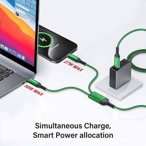 كابل 100 واط 2 في 1 USB-C بطول 4 أقدام، مخرجات مزدوجة 5 أمبير شحن سريع، مقسم شحن USB متعدد النوع C لجهاز MacBook Air، iPhone 15 Plus/Pro Max، iPad Pro، Samsung Galaxy S24 S23 S22، Tab S9، Lenovo، Dell حاسوب محمول in Kuwait