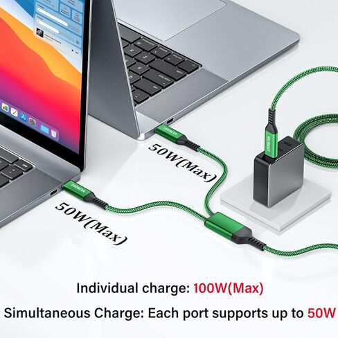 كابل 100 واط 2 في 1 USB-C بطول 4 أقدام، مخرجات مزدوجة 5 أمبير شحن سريع، مقسم شحن USB متعدد النوع C لجهاز MacBook Air، iPhone 15 Plus/Pro Max، iPad Pro، Samsung Galaxy S24 S23 S22، Tab S9، Lenovo، Dell حاسوب محمول in Kuwait