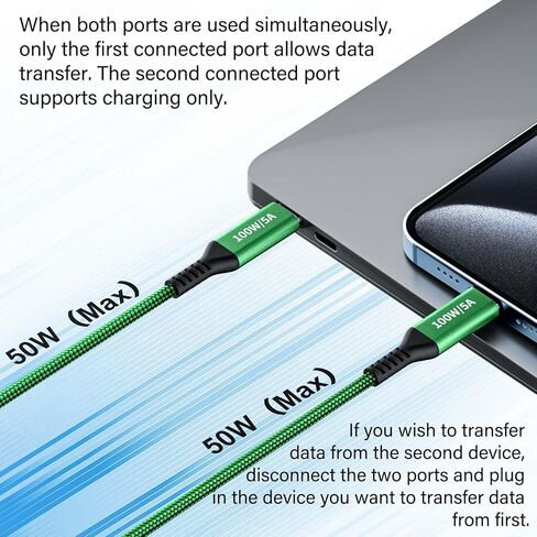 كابل 100 واط 2 في 1 USB-C بطول 4 أقدام، مخرجات مزدوجة 5 أمبير شحن سريع، مقسم شحن USB متعدد النوع C لجهاز MacBook Air، iPhone 15 Plus/Pro Max، iPad Pro، Samsung Galaxy S24 S23 S22، Tab S9، Lenovo، Dell حاسوب محمول in Kuwait