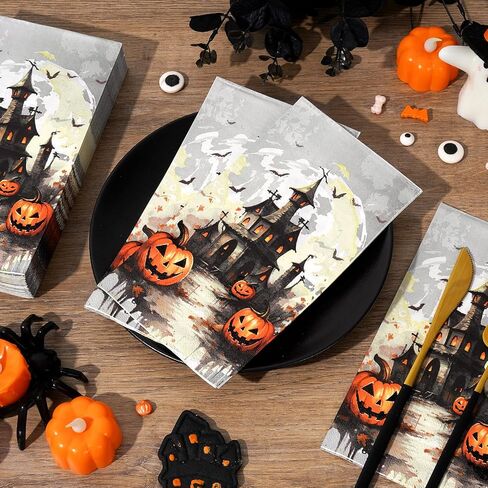 Homlouue 100PCS Halloween Napkins, Halloween Castle Pumpkins Paper Napkins, 3-Ply Halloween Napkins Disposable, Halloween Party Napkins, Halloween Hand Towels for Bathroom Guest Dinner Tea in Saudi Arabia