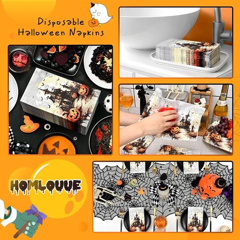 Homlouue 100PCS Halloween Napkins, Halloween Castle Pumpkins Paper Napkins, 3-Ply Halloween Napkins Disposable, Halloween Party Napkins, Halloween Hand Towels for Bathroom Guest Dinner Tea in Saudi Arabia