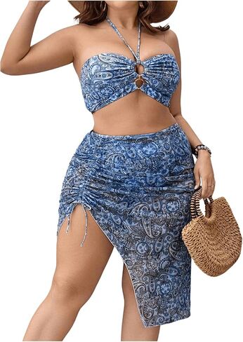 SHENHE Women's Plus Size Paisley High Waisted 3 Pieces Halter Swimsuits with Cover Up Skirt in Saudi Arabia