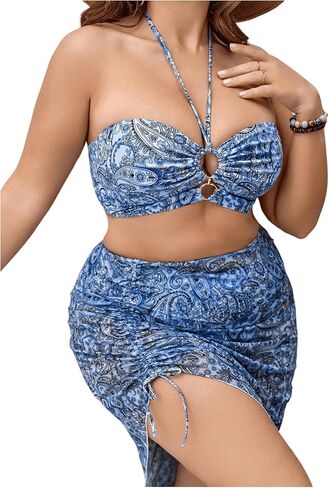 SHENHE Women's Plus Size Paisley High Waisted 3 Pieces Halter Swimsuits with Cover Up Skirt in Saudi Arabia
